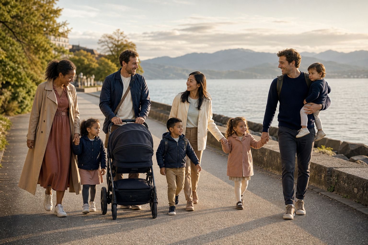 Promenade au bord du lac, familles et nounou en Suisse