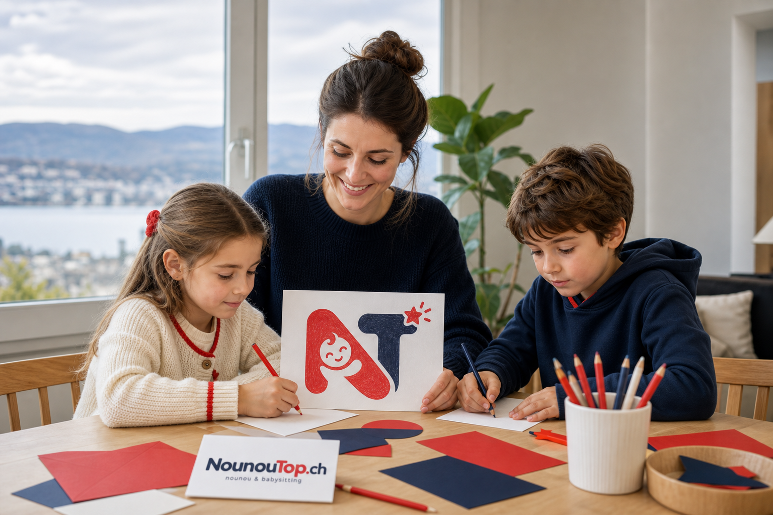 Une nounou partage une activité créative avec deux enfants dans un appartement suisse
